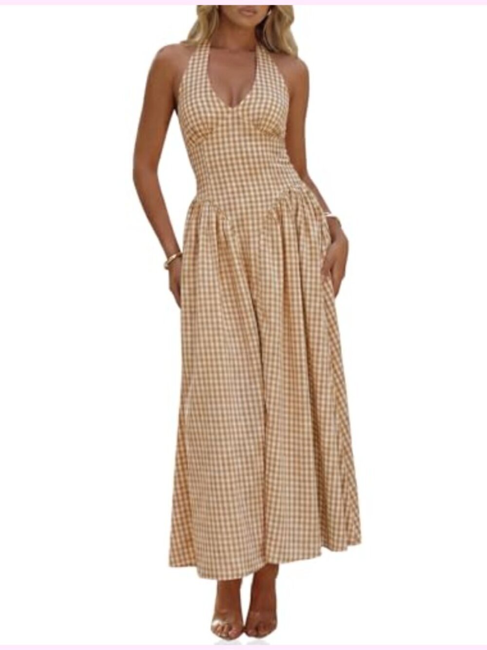 Womens Halter V Neck Corset Maxi Dress Summer Plaid Smocked Tie Back Backless